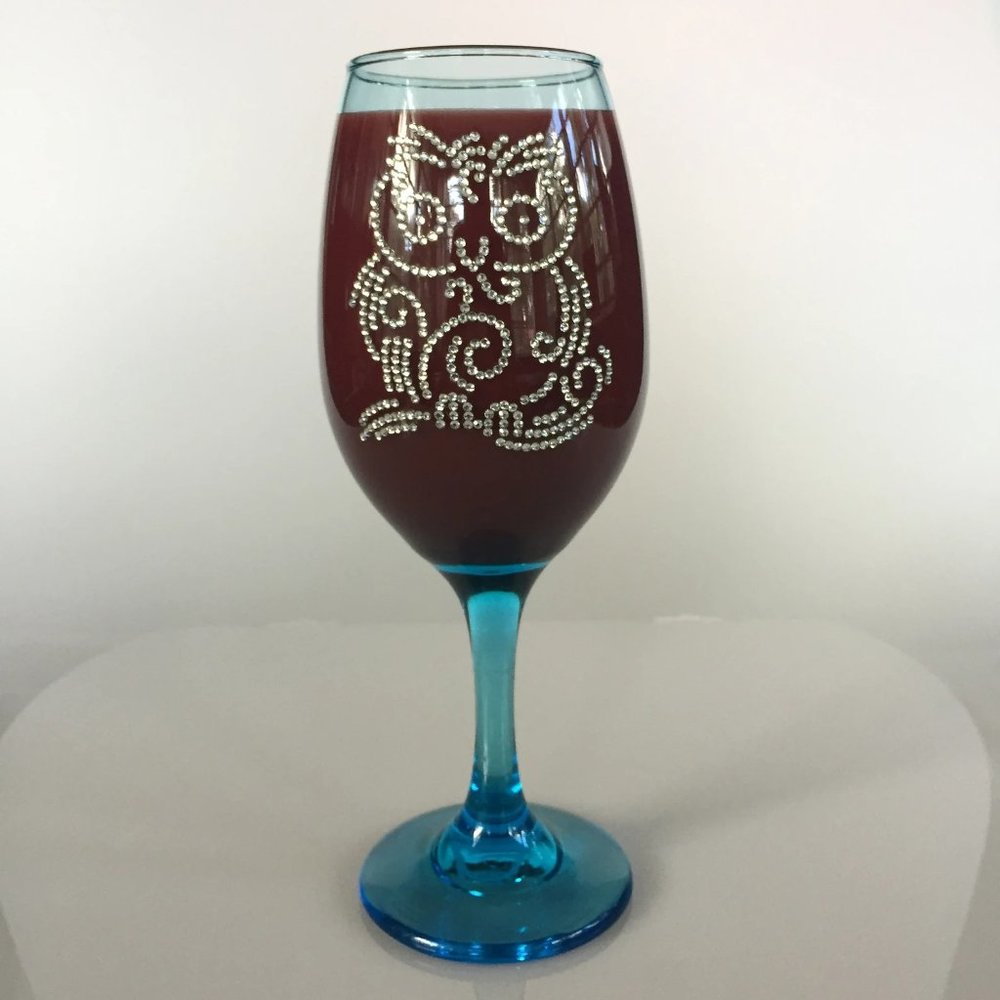 Blue tinted wine glass, unique, handmade. Two-sided same owl. Silver rhinestones